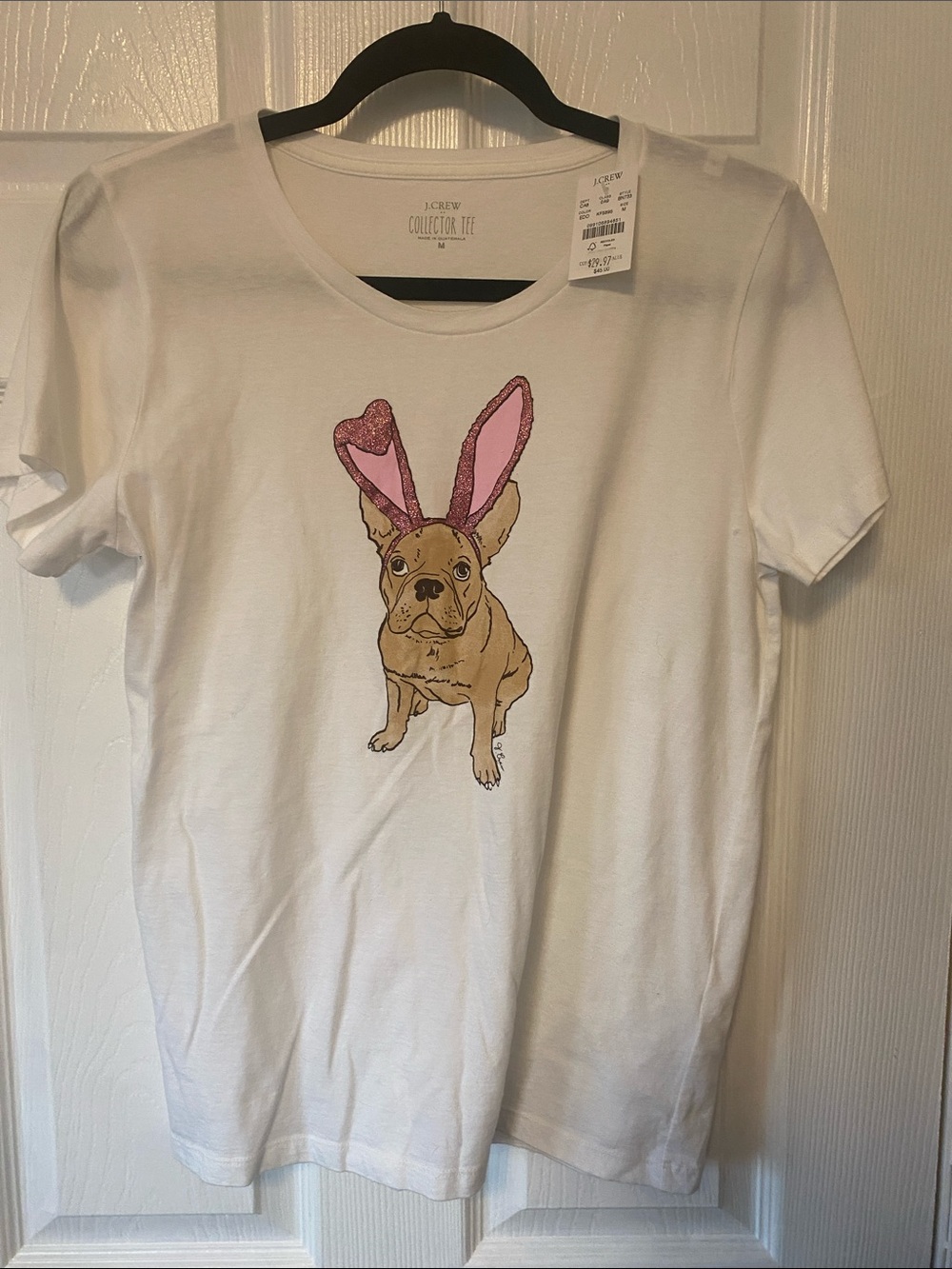 J. Crew White Tee with Pink Bunny-Eared French Bulldog Graphic